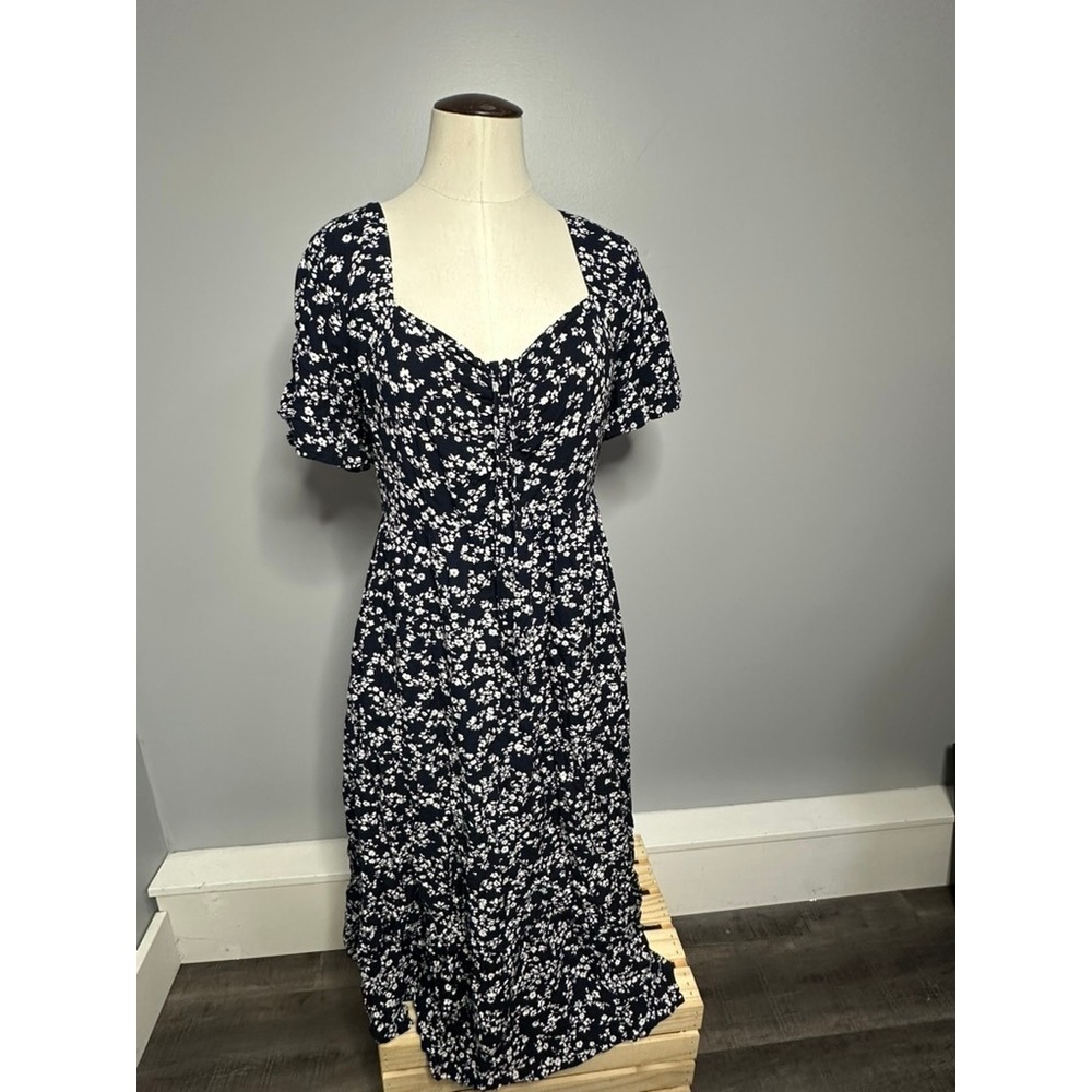 BloomChic Navy Blue White Floral Sweetheart Midi Dress Plus Size 14-16 Rayon